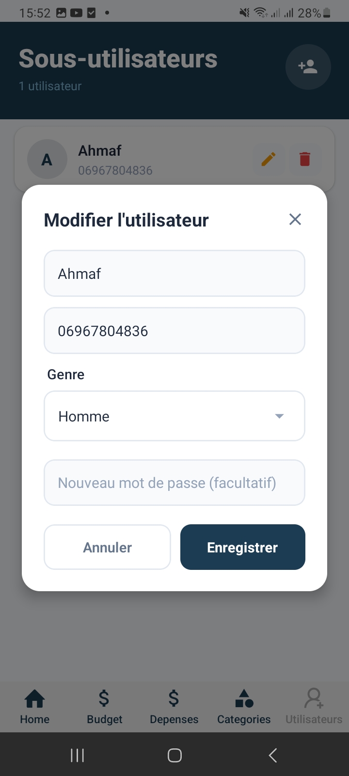 Edit user modal